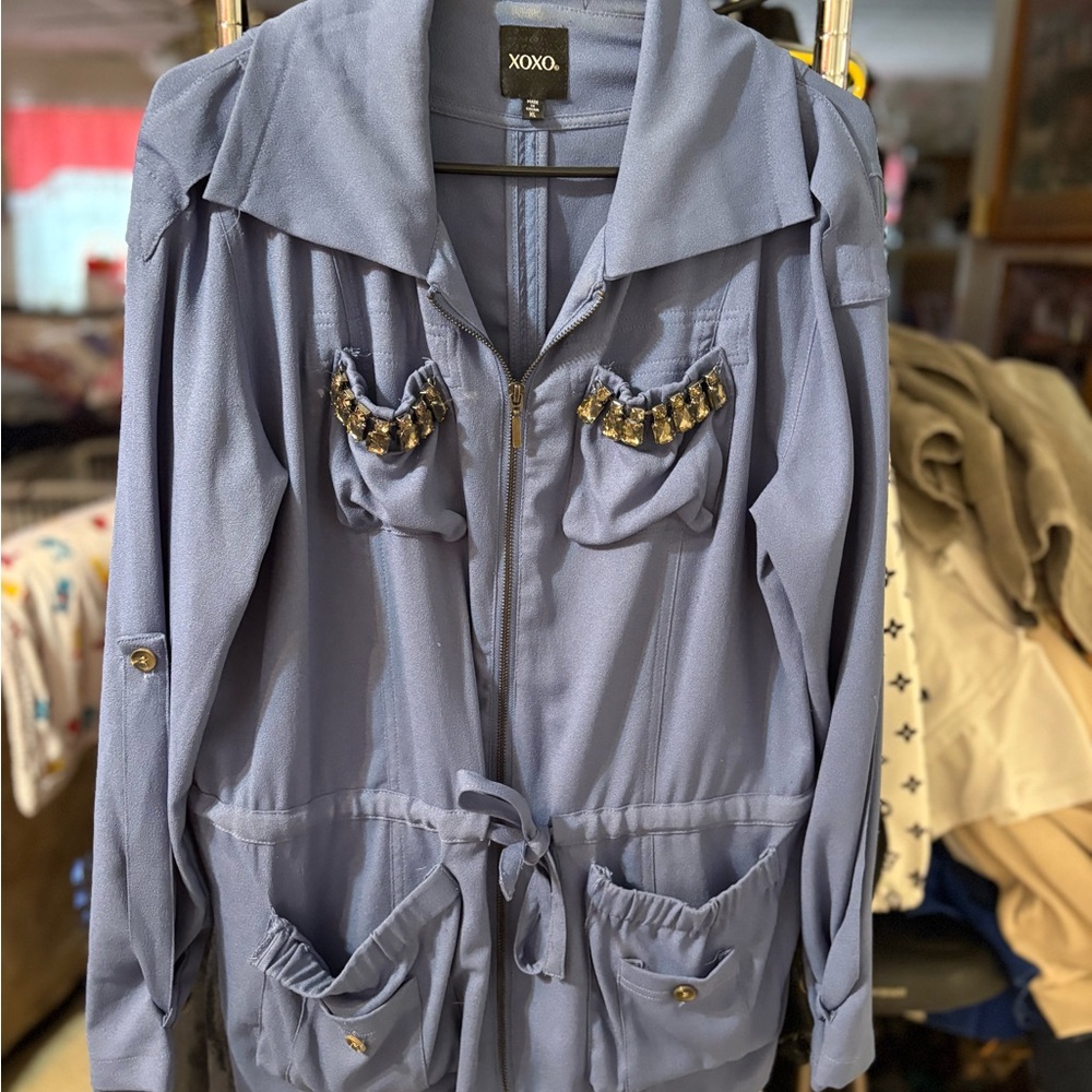 XOXO Women's Blue Jacket with Embellished Pockets